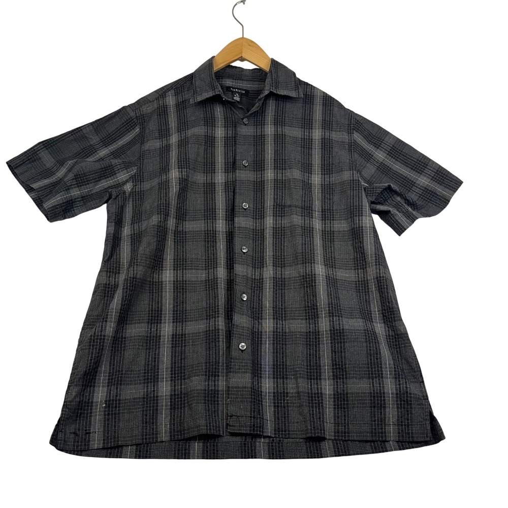 Van Heusen Mens Black Grey Plaid Short Sleeve Button Down Shirt Size M 4517
